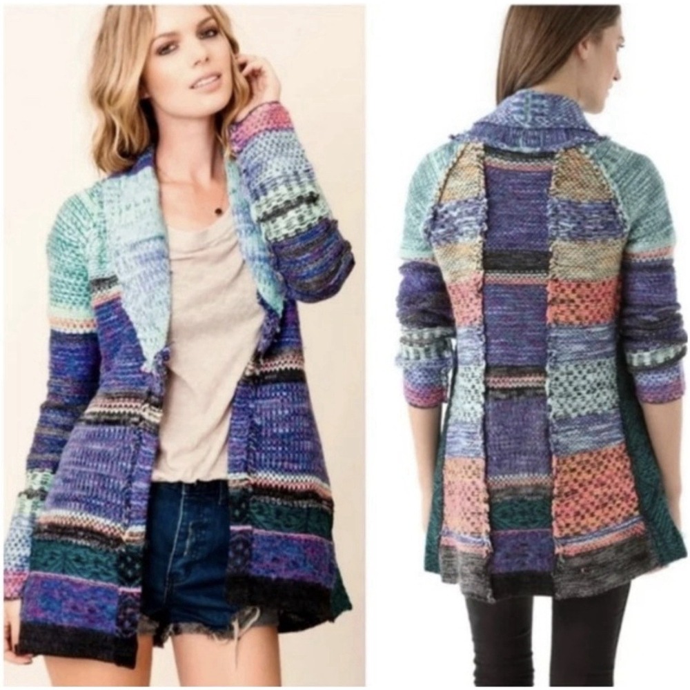 Free People‎ Rock Candy Kryptonite S Patchwork Cardigan Colorful Boho Festival
